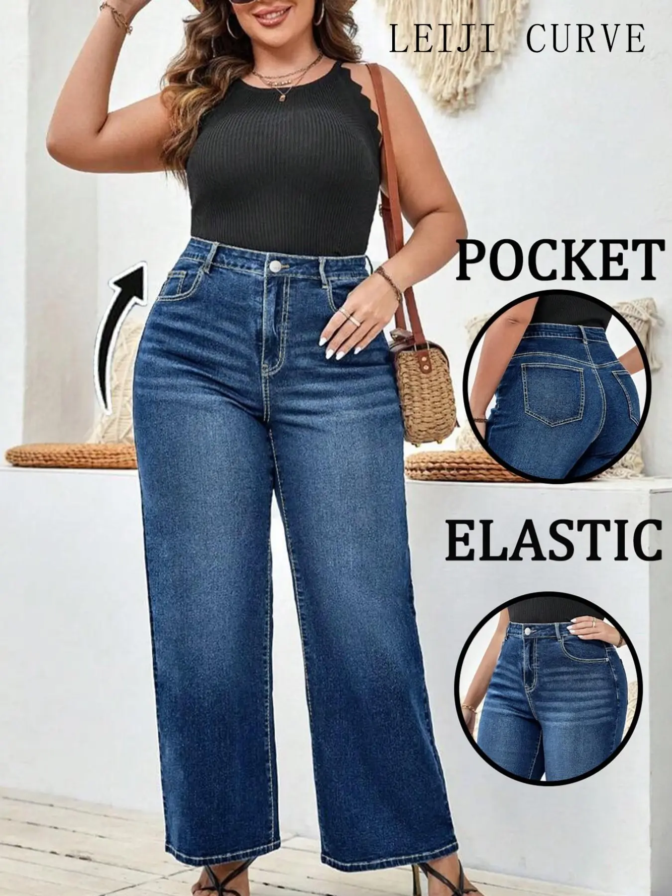Plus Size High Waist Wide Leg Baggy Jeans, American Vintage Style Comfortable High Elastic Daily Wear for Women
