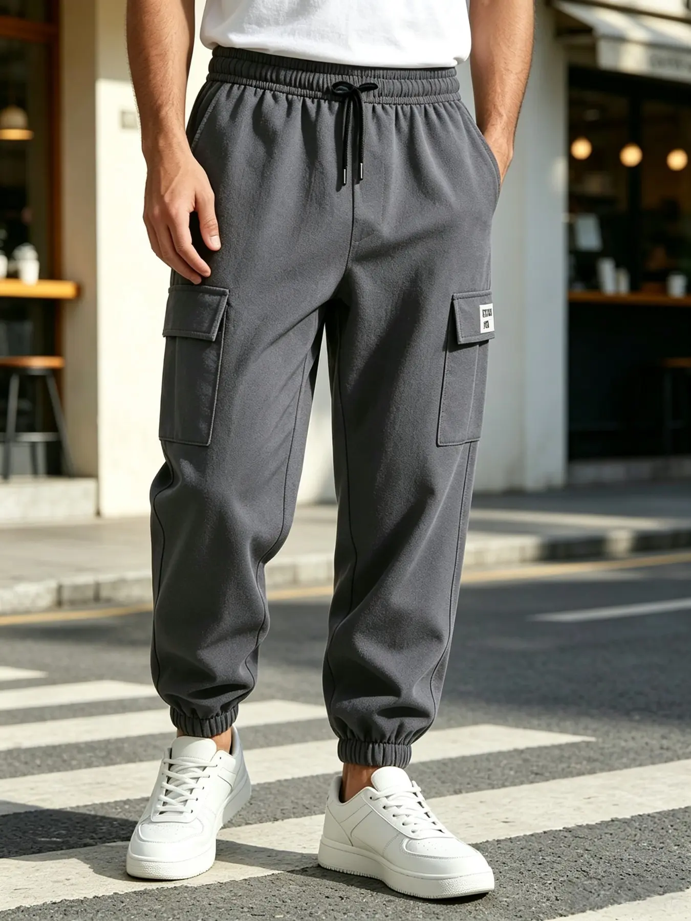 Men's Multi-Pocket Workwear Cargo Pants, Drawstring Elastic Waist, Cuffed Hem, Casual Street Hip-Hop Style, Loose Fit for Daily Wear