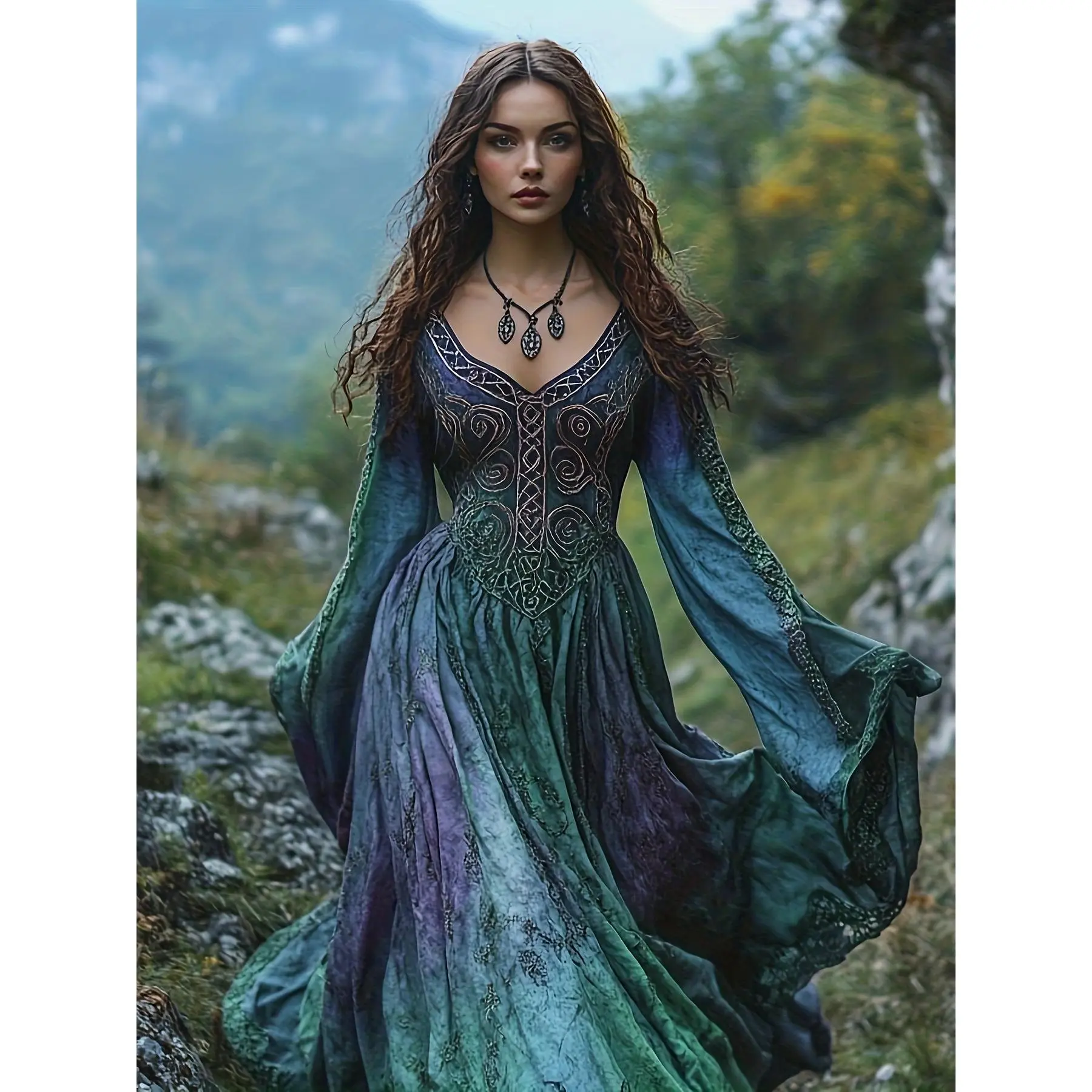 Women'S Fashionable And Retro Viking Tribe Celtic Knot Art V-Neck Elegant Long Dress