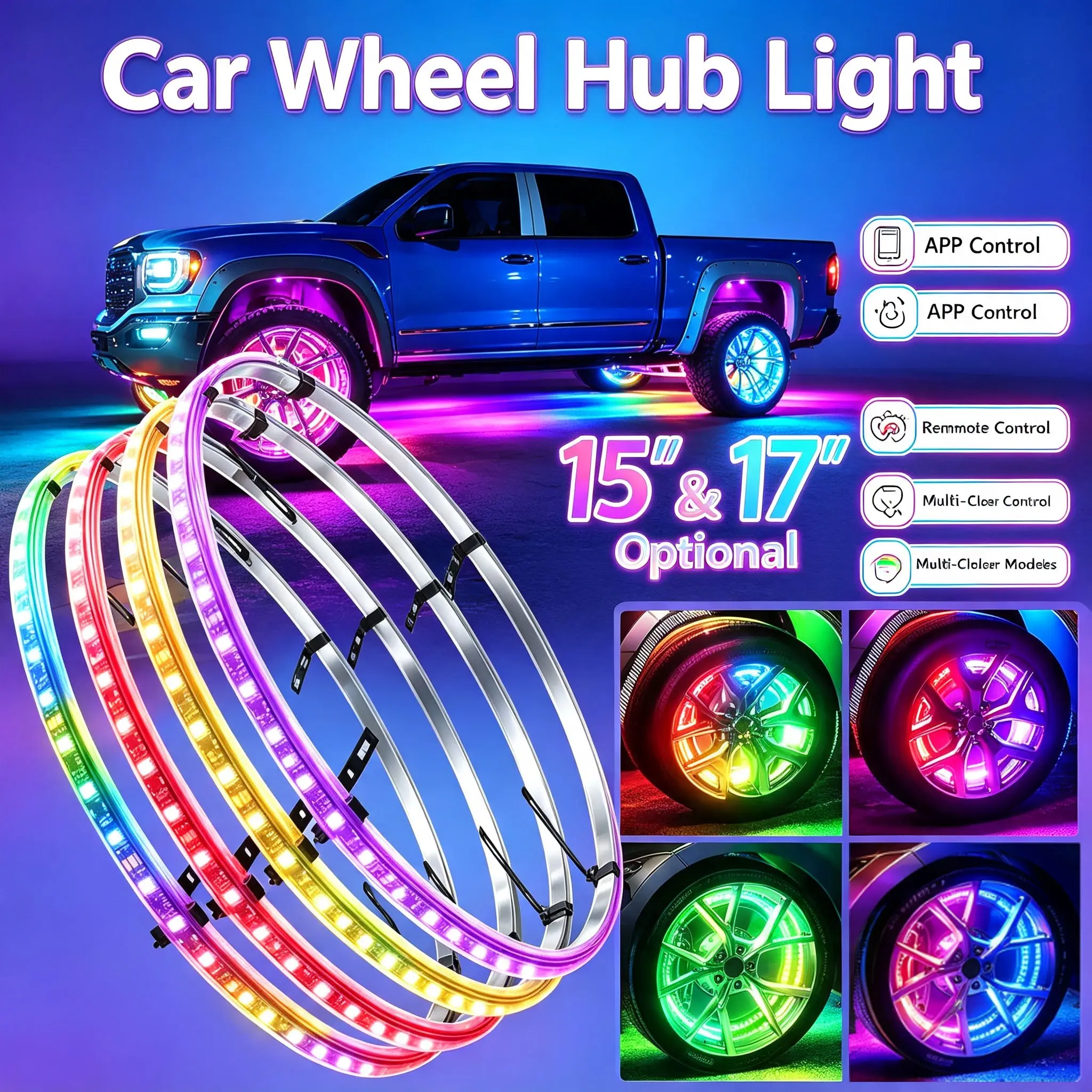 15" & 17" RGB LED Wheel Ring Lights, Car Wheel Hub Rim Lights with Bluetooth APP & Remote Control, IP67 Waterproof Double Sided LED Neon Lights, Multi Color Dynamic Modes, Tuning Decor Lights for Truck, SUV, Pickup & Offroad Vehicles