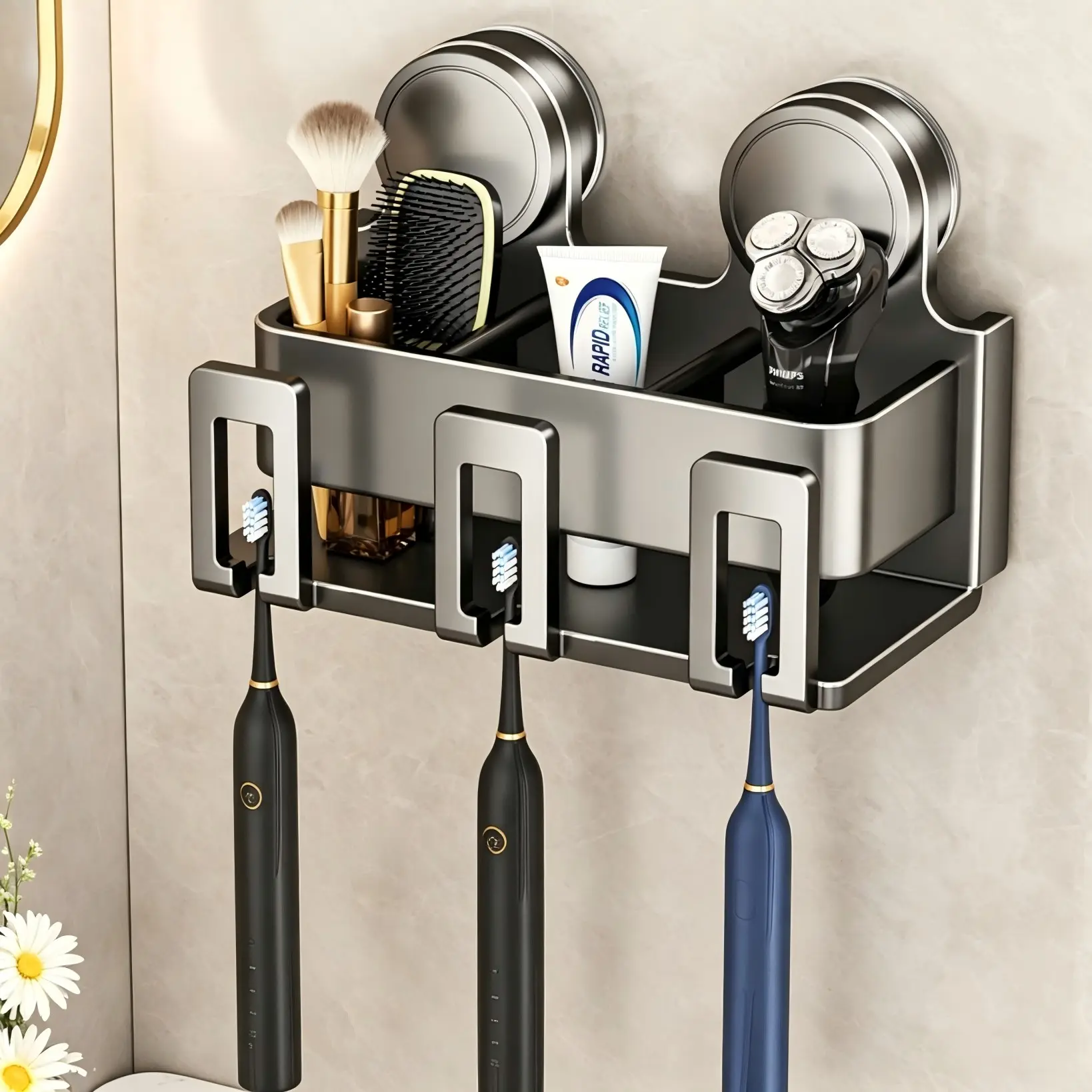 Wall Mount Suction Toothbrush Holder, No Drill ABS Carbon Steel Bathroom Organizer for Electric Toothbrushes Razors Toiletries, Toothbrush Storage, Toothbrush Holders for Bathrooms