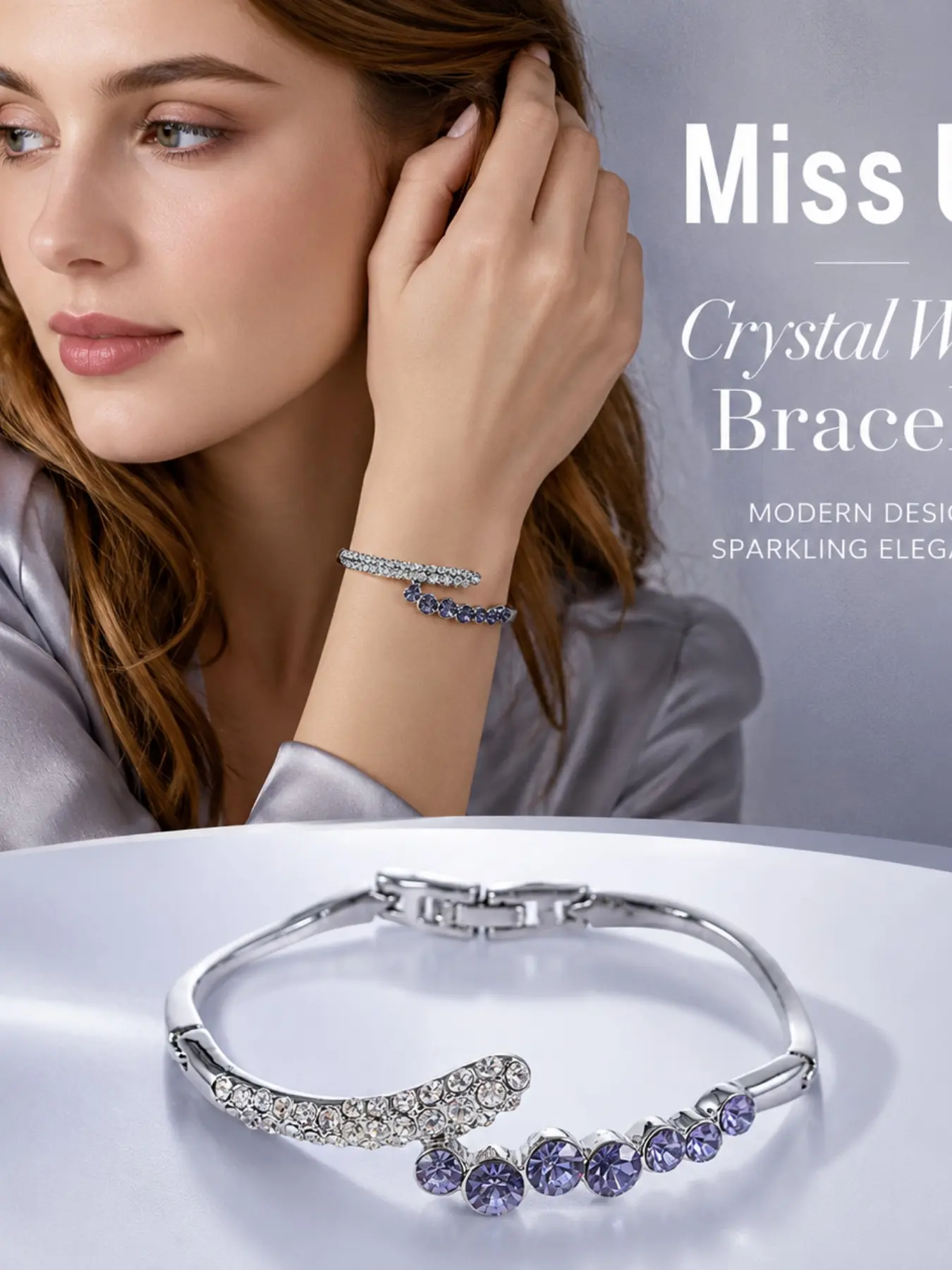 Wave Diamond Clasp Bracelet, Silver Color Interlocking Flashy Design, Women's Fashion Jewelry for Daily Wear, Party, Event Gift