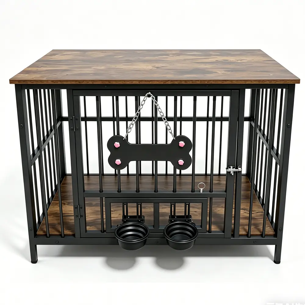 Vintage Wood Grain Steel Metal Frame Dog Cage Edge Accessory, 360-Degree Rotating Bowl, Safety-Grade Soft Silicone, 23.03in Wide, Bone Plaque, Double Bowl Setup, Small/Medium Dog Fit, Metal Square Tubes, Cage House Compatible, for Living Rooms