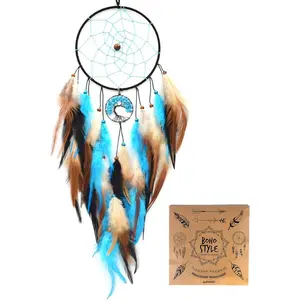 Blue Tree of Life Dream Catchers for Bedroom Adult Boho Big Dream Catcher for Boys Girls with Crystal Turquoise Hanging Ornament and Feathers Blessing Gifts(NO.33)