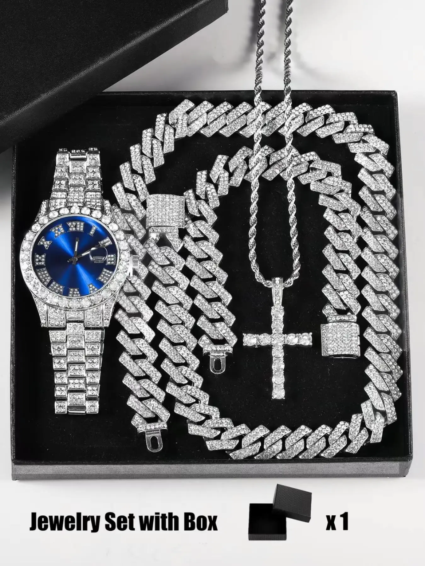 Luxury Punk Trendy Men Jewelry Watch Set with Necklace Bracelet Cross Pendant, Adjustable Strap, Unisex Gift Box, Valentine's Day Birthday Present