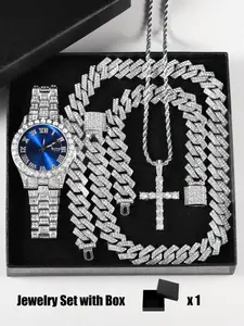 Luxury Punk Trendy Watch Set with Necklace Bracelet Cross Pendant, Adjustable Strap, Unisex Gift Box, Valentine's Day Birthday Present