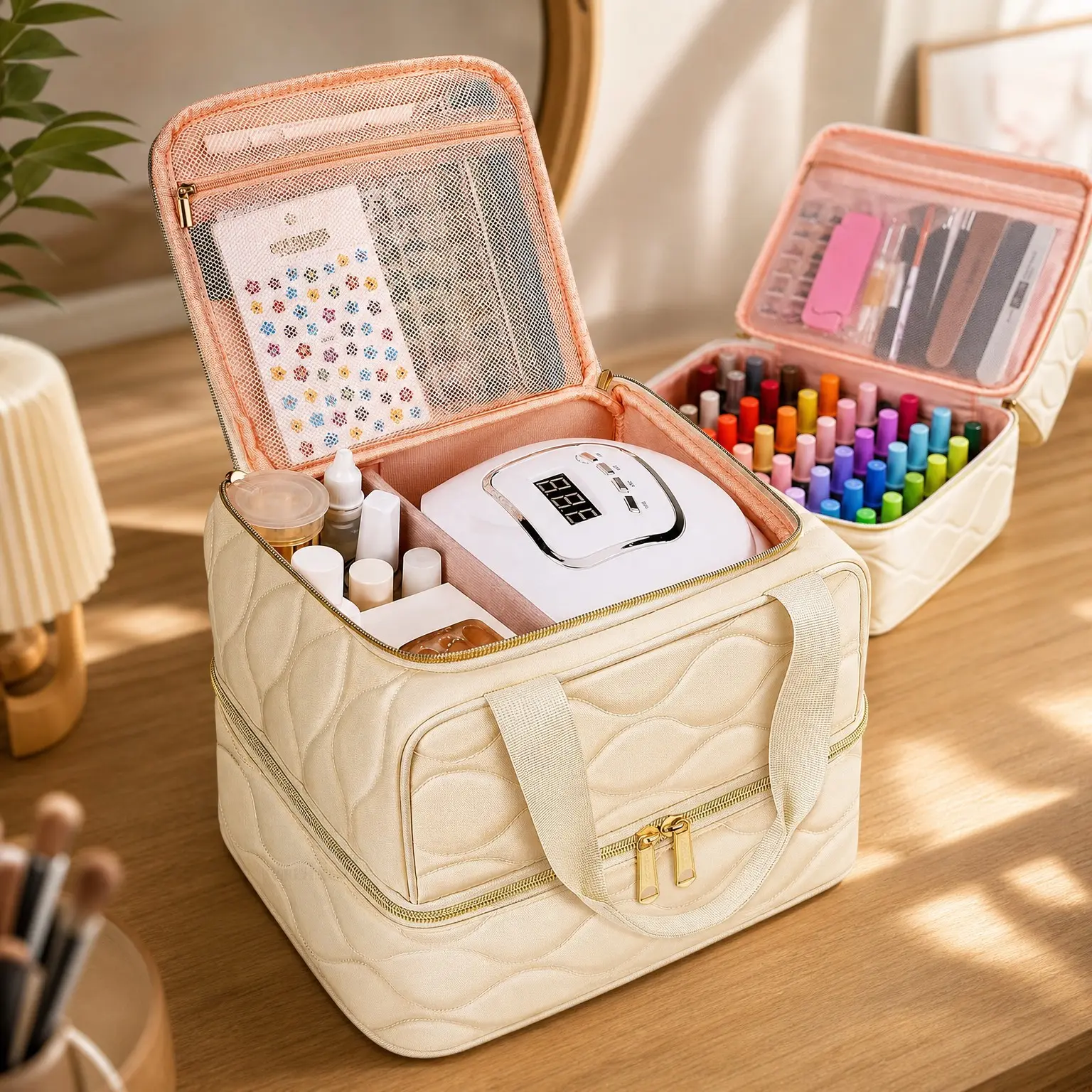 2-Layer Nail Polish Organizer Case for 42+ Bottles (15ml/0.5 fl oz), Portable Nail Kit Bag with Compartments for Nail Supplies, UV Lamp, Manicure Tools & AccessoriesGift