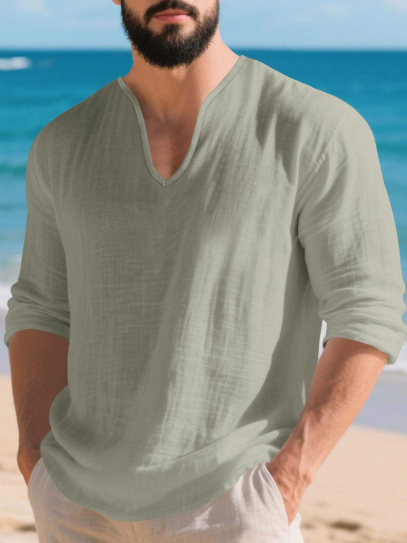 Men's V Neck Linen Shirt Casual Loose Fit Long Sleeve Top, Breathable Thin Fabric for Spring & Fall, Perfect for Beach Vacation