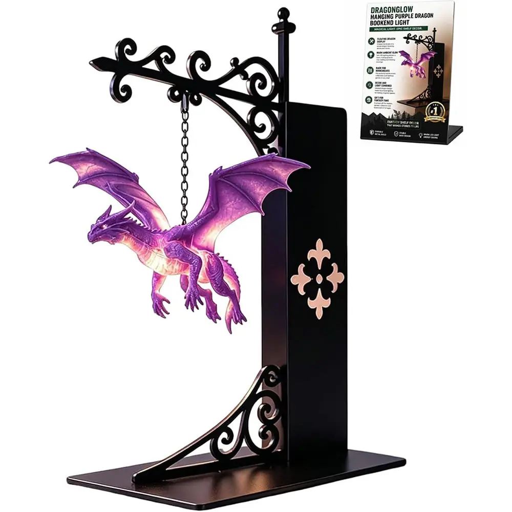 Floating Dragon Bookshelf Lamp, Hanging Purple Glowing Dragon Ambient Light with Vintage Metal Stand, Fantasy Decor Night Light for Desk Reading Nook Bedroom, Unique Gift for Book Lovers Gamers Dragon Enthusiasts