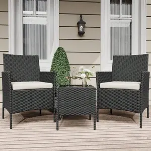 3 Pieces All Weather Rattan Patio Set, 2 Cushioned Chairs + Square Coffee Table Bistro Conversation Set For Garden Backyard Porch Balcony