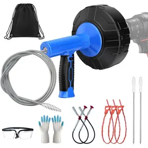 33- Drain Snake Auger Kit, Plumbing snake, Manual or Electric drain snake with Auto-Retract/Feed, for Kitchen, Bathroom, Shower, and Floor Drain sauger,Include Gloves Storage Bag etc (Blue)