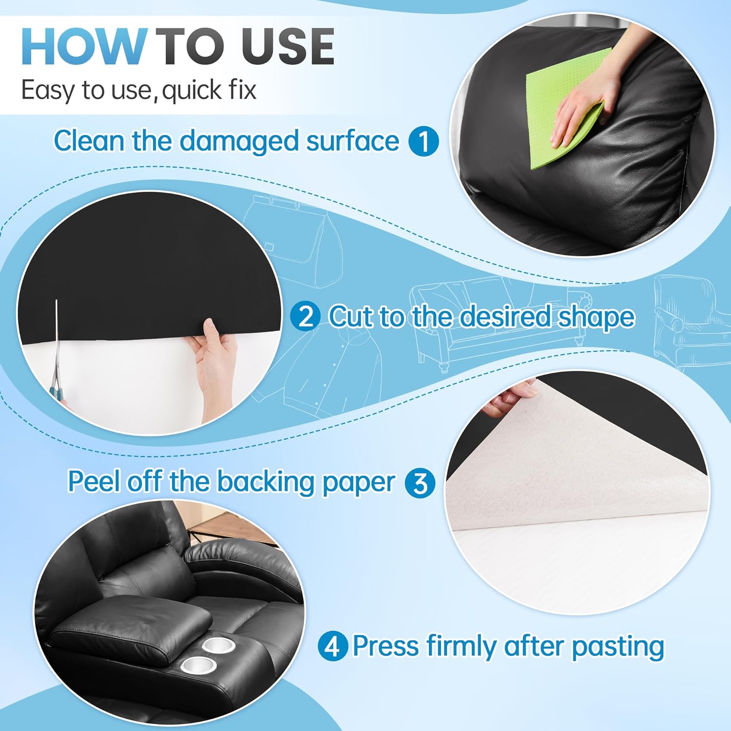 Leather Repair Patch Tape Kit, 4" x 63" Self Adhesive Leather Repair Patch for Furniture, Vinyl Leather Repair Kit for Car Seat, Chairs, Couch, Sofa, Boat Black