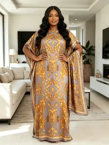 Plus Size Women's Gray Gold Baroque Ethnic Print Maxi Kaftan Dress with Matching Headscarf 2 Piece Set, Lightweight Breathable Loose Batwing Casual Long Dress, Beach Resort Loungewear Cover Up for Curvy Ladies