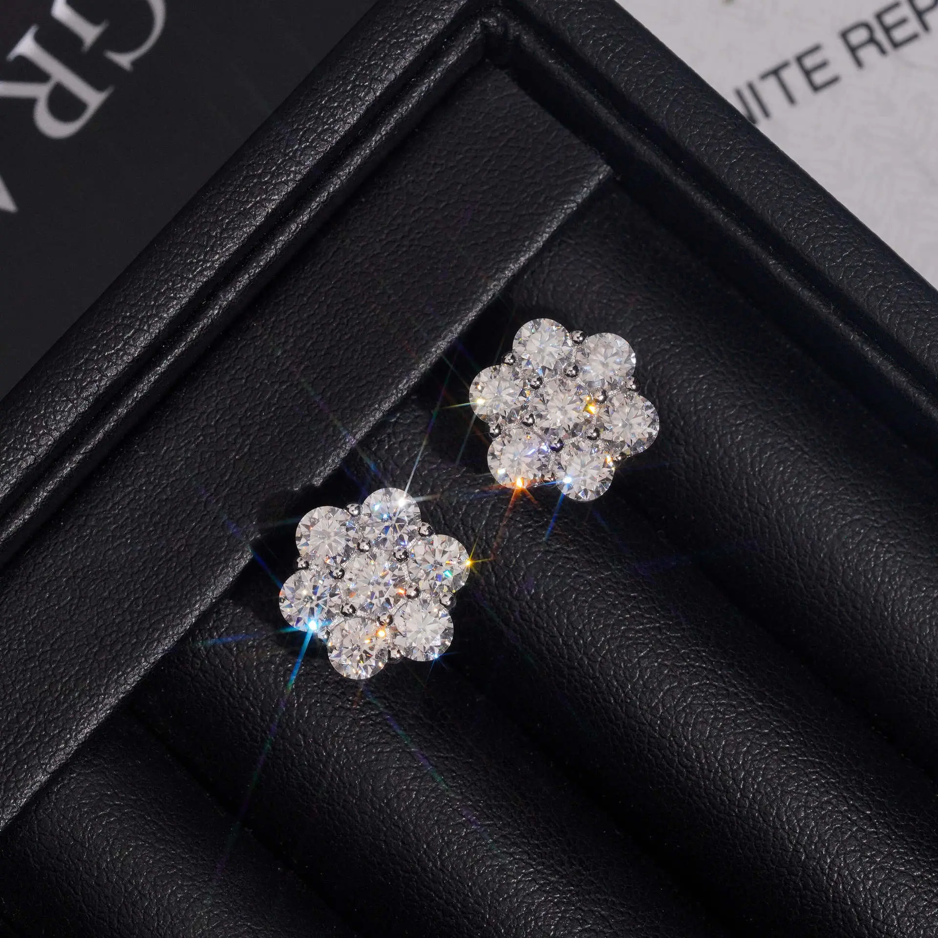 S925 Silver Hip-hop Floral D color vvs Moissanite Stud Earrings - New Premium Artificial Gemstone Jewelry for Men & Women
