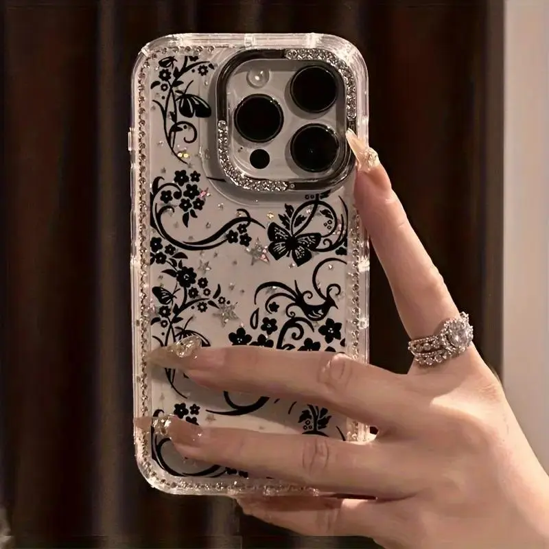 A Luxurious Phone Case with Patterned Butterflies And Sparkling Rhinestones, Featuring a Transparent Starry Border That Protects Against Drops. for iPhone 17 16 15 14 13 12 11 Pro Max Plus & Samsung Galaxy S26 S25 S24 S23 S22 Ultra