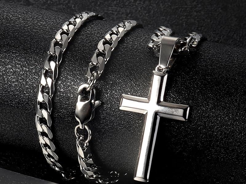 Fansilver Cross Necklace for Men Women 5mm Big Beveled Edge Men's Stainless Steel Durable Cuban Link Chain Curb Chain Crucifix Cross Pendant Necklace Jewelry Gifts 16-30 Inches