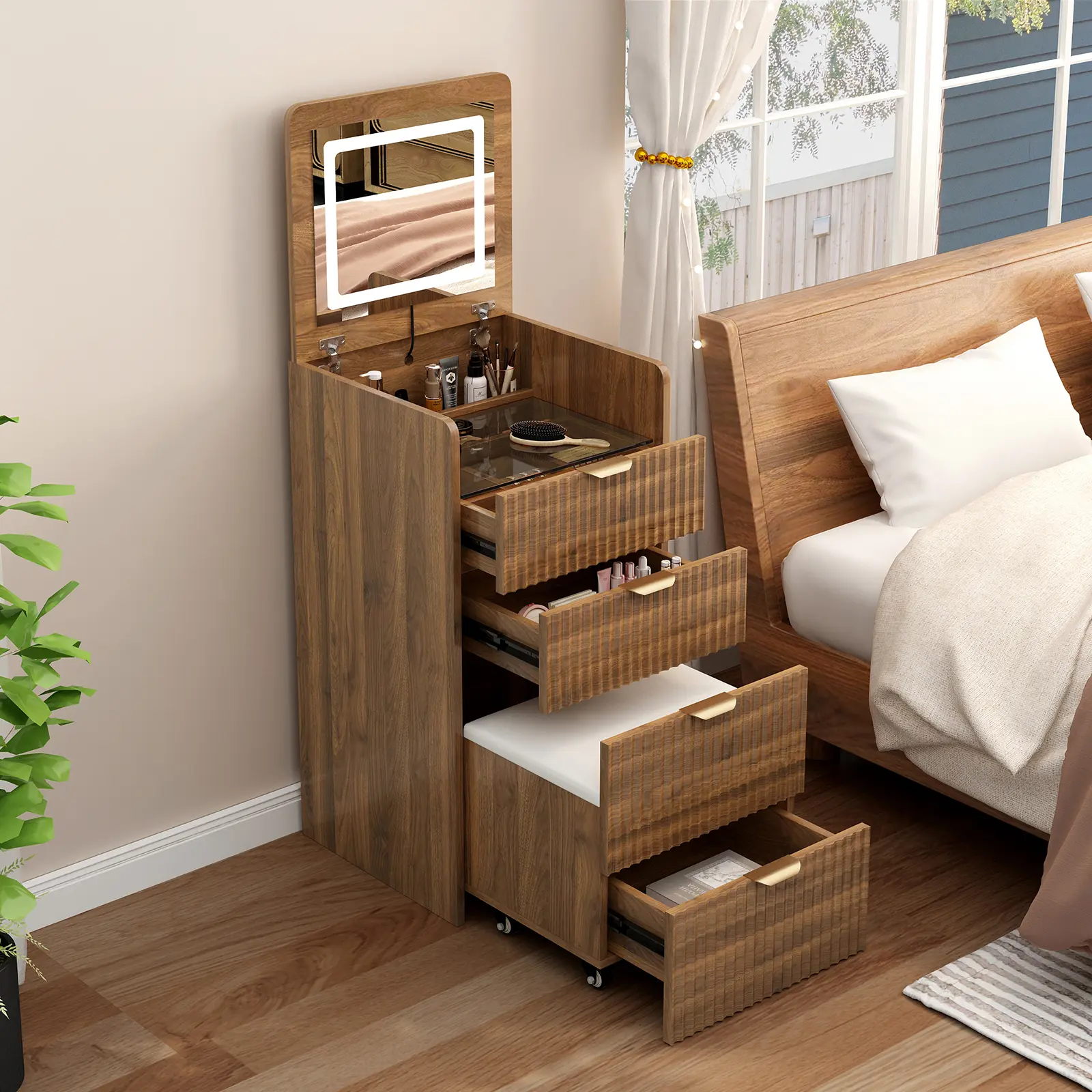 Nokaa 3-in-1 Vanity Desk with Flip-Top Mirror, Lights, Charging Station, 3 Drawers & Rolling Stool – Compact Makeup Dressing Table, Walnut MDF, Mid-Century Modern, Bedroom, Small Space, Multiple Options