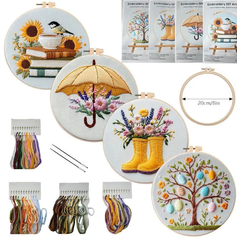 DIY European-Style Embroidery Kit with Sunflower & Easter Egg Patterns, Fabric Craft Set with English Guide for Adults' Home Decor, Stainless Steel Cross Stitching Supplies