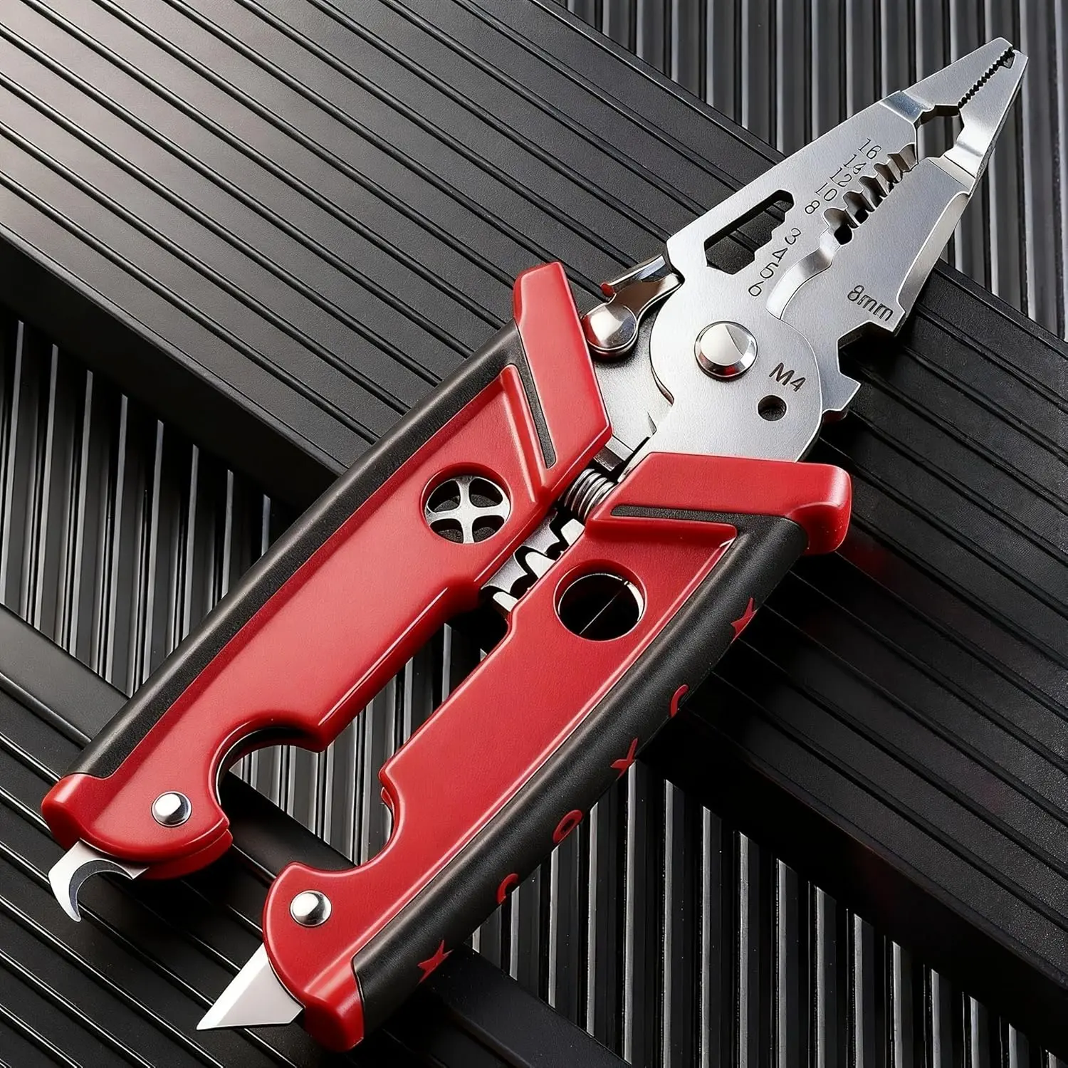 22 in 1 Wire Stripper Pliers Red Multifunction Electrician Tool Crimping Cutting Bending Crimper Iron Construction for Home Repair Industrial Automotive DIY Use