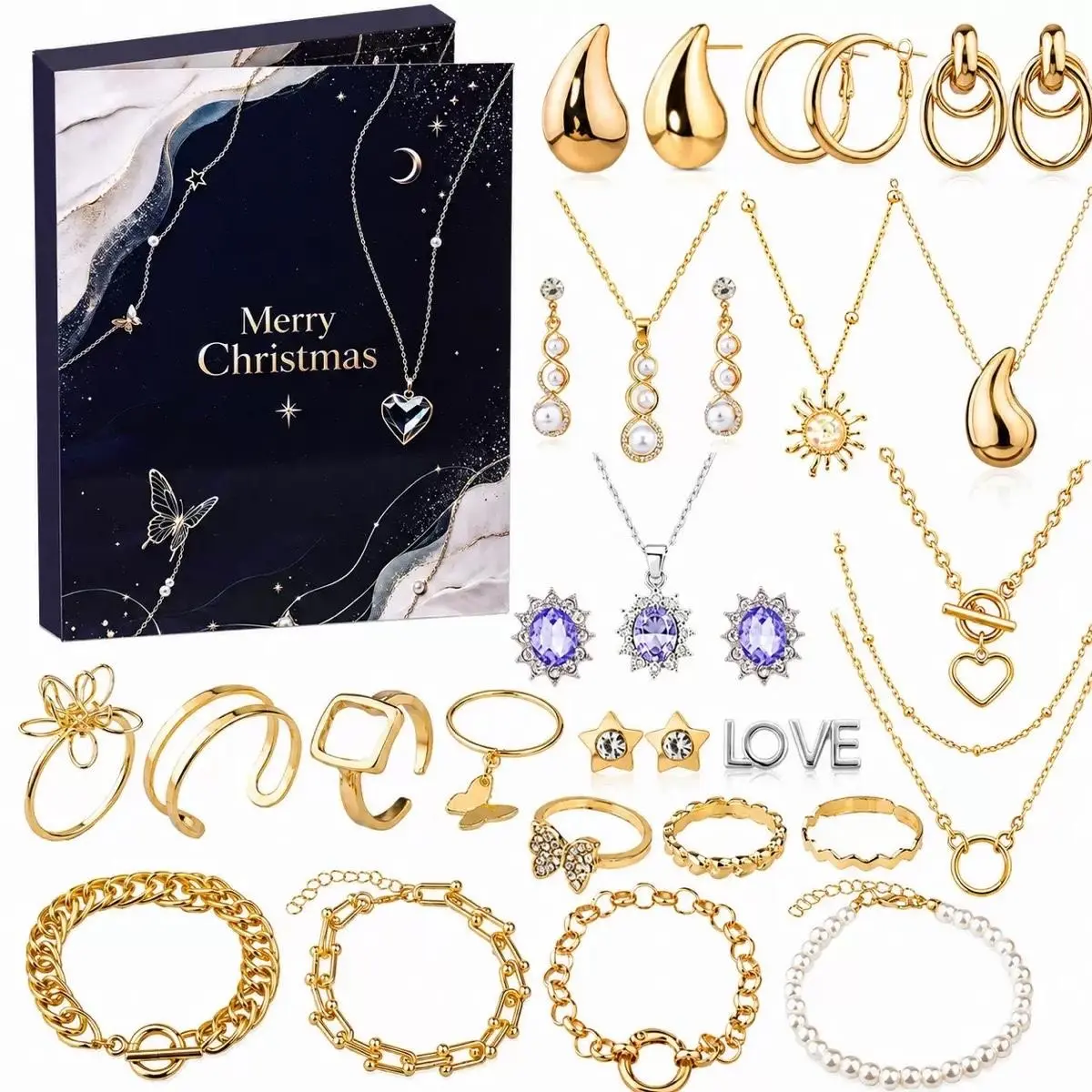 1 Set Christmas Jewelry Advent Calendar Blind Box, Luxury Gold Plated Earrings Necklaces Rings Bracelets Kit, Xmas Surprise Gift Box for Women Daily Party Wear