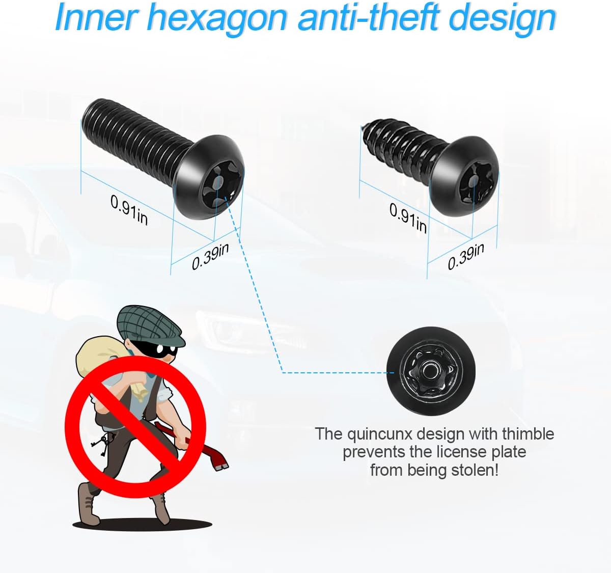 Anti  License Plate Screws Kits- Rustproof Stainless Steel  Tag Plate Mounting Hardware, M6 (1/4") Tamper Proof Fastener Nut, Caps Cover for Front Rear Frame Holder MountingAT-Black/8