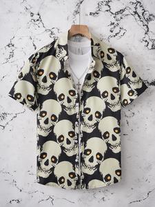 men's skull print short sleeve shirt, regular fit casual fashion comfy top for summer, men's clothes for daily wear
