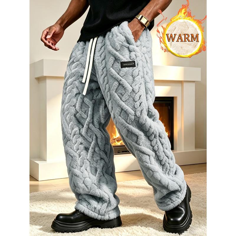 Men's Winter Plush-Lined Thickened Trousers, Jacquard Fabric, Elastic Waistband with Drawstring, Comfortable and Lightweight, Cold-Proof and Warm, Suitable for Home Wear, Dates, Daily Commuting, Trendy Outfits, and Vacations