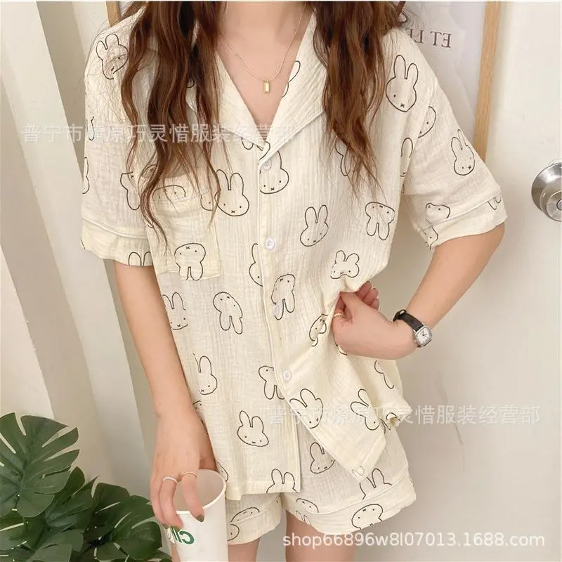 Miffy Rabbit Print Breathable 2-Piece Short Sleeve & Short Pant Loose-Fit Lightweight Kawaii Cartoon Sleepwear Loungewear