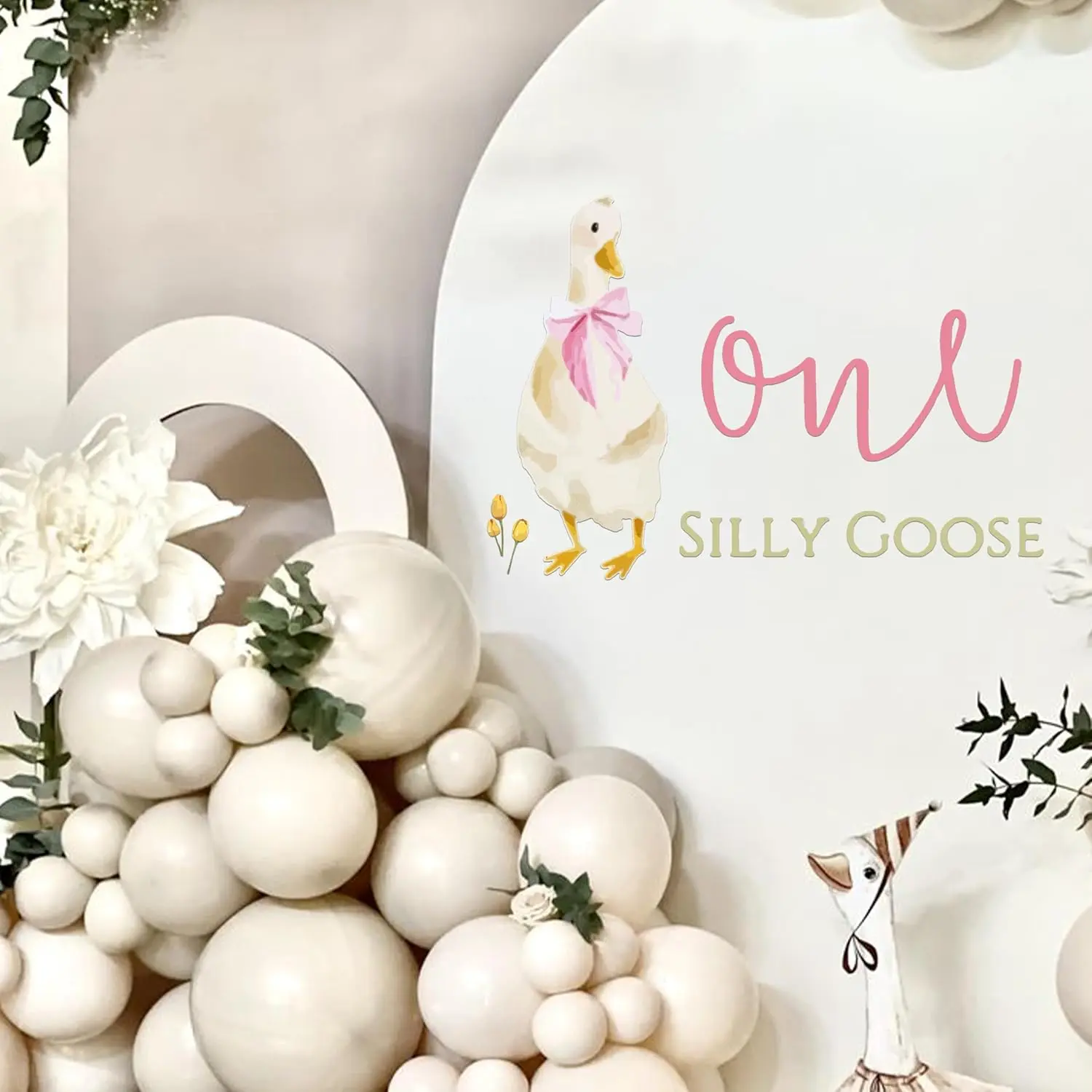 Caption  Silly Goose Decal | Goose Theme 1st Birthday Decoration for Girls| Bow Goose Birthday Party Supplies|First Birthday Party Balloon Arch Decal