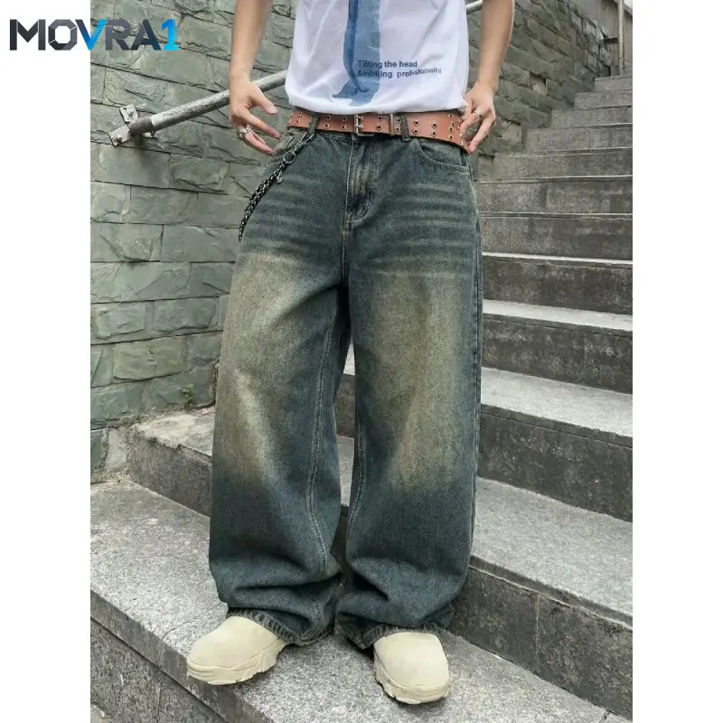 MOVRA1 Men's Vintage Washed Loose-Fit Relaxed Fit Wide-Leg Jeans, Long Y2K Streetwear Casual Pants, Perfect Gift Boyfriend or Husband