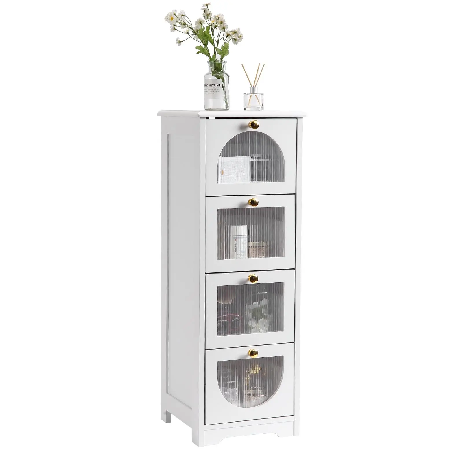 White Freestanding Wooden Floor Cabinet with 4 Drawers – Slim Storage Organizer for Bathroom, Hallway, Living Room, Apartment – Compact Space-Saving Entryway Cabinet – 11.8 x 11.8 x 33.1 Inch