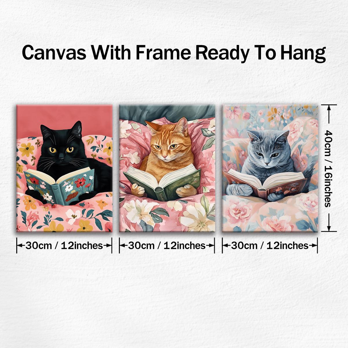 Cat Reading Book Pattern Canvas Painting with Frame, 3 Counts/set Colorful Animal Reading, Wall Decor for Home Living Room Bedroom Office Hanging Wall Art