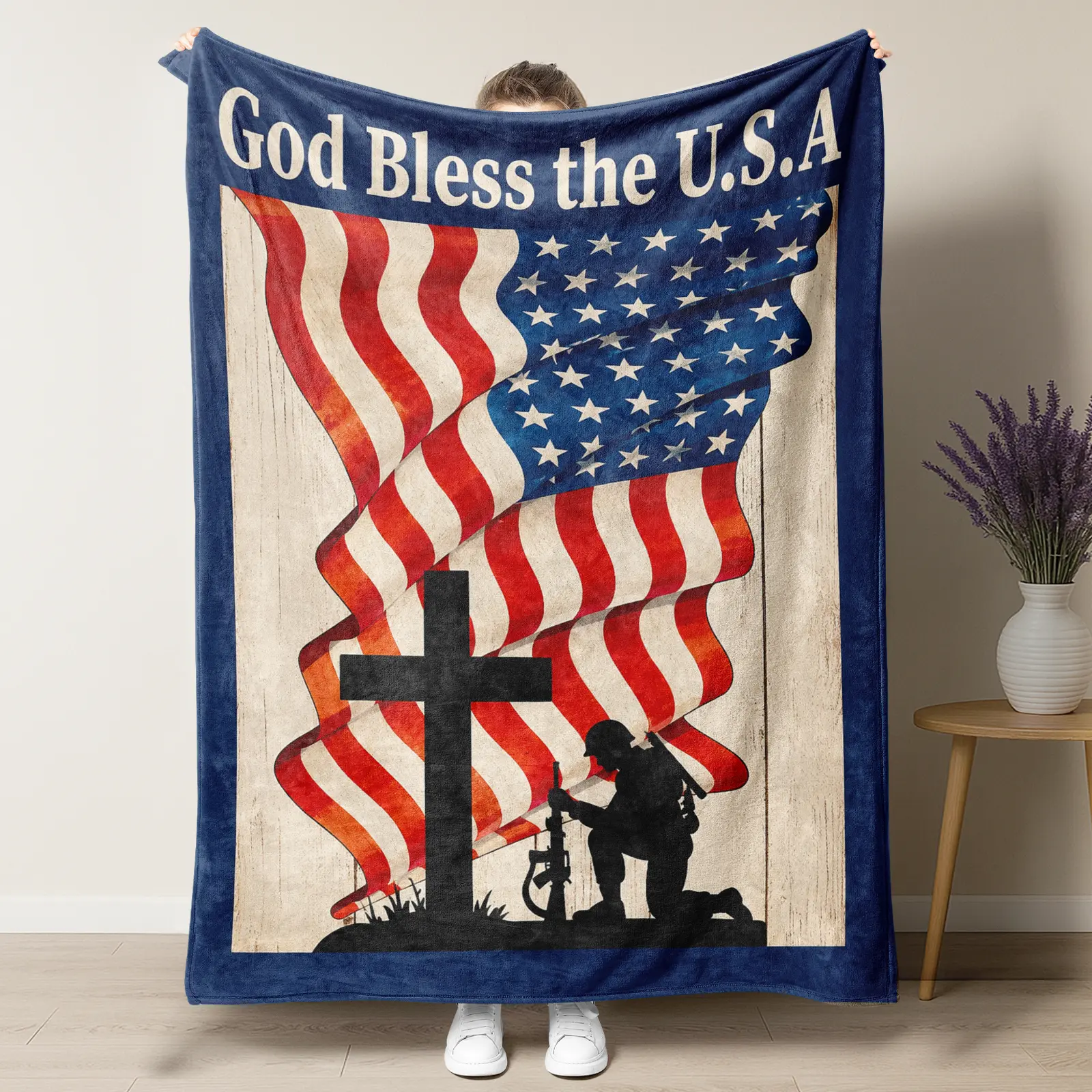 God Bless the USA 100% Polyester Soft Fabric Fleece Throw Blanket - Patriotic American Flag, Cross, Kneeling Soldier Design, Christian Military Tribute Gift, Multi-Size (30*40in Baby, 60*80in Adult), Durable Indoor/Outdoor Bedding & Home Decor