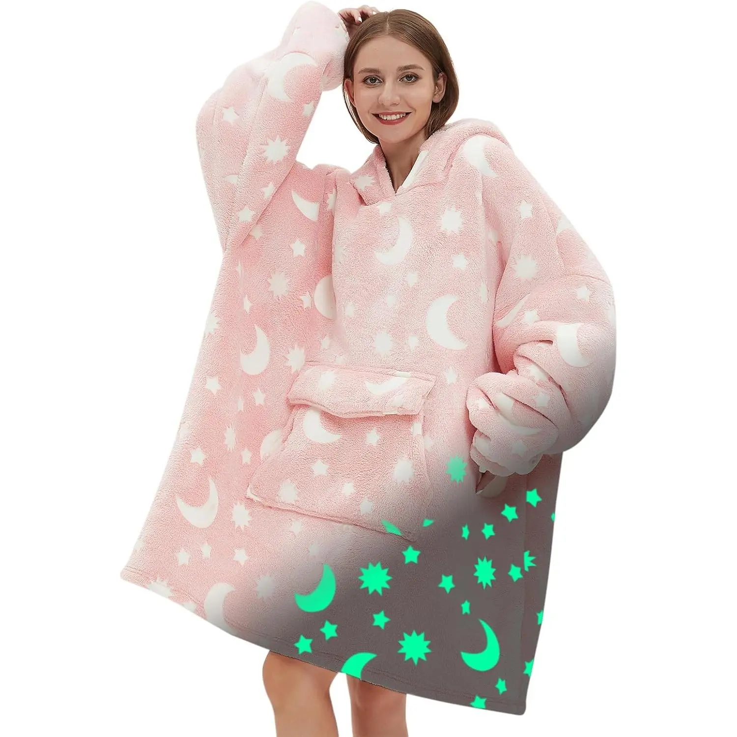 Glow-in-the-Dark Star and Moon Polyester Oversized Wearable Blanket Hoodie, Modern Hooded Cozy Wear for Adult Men, Soft Warm Fleece Blanket Throw