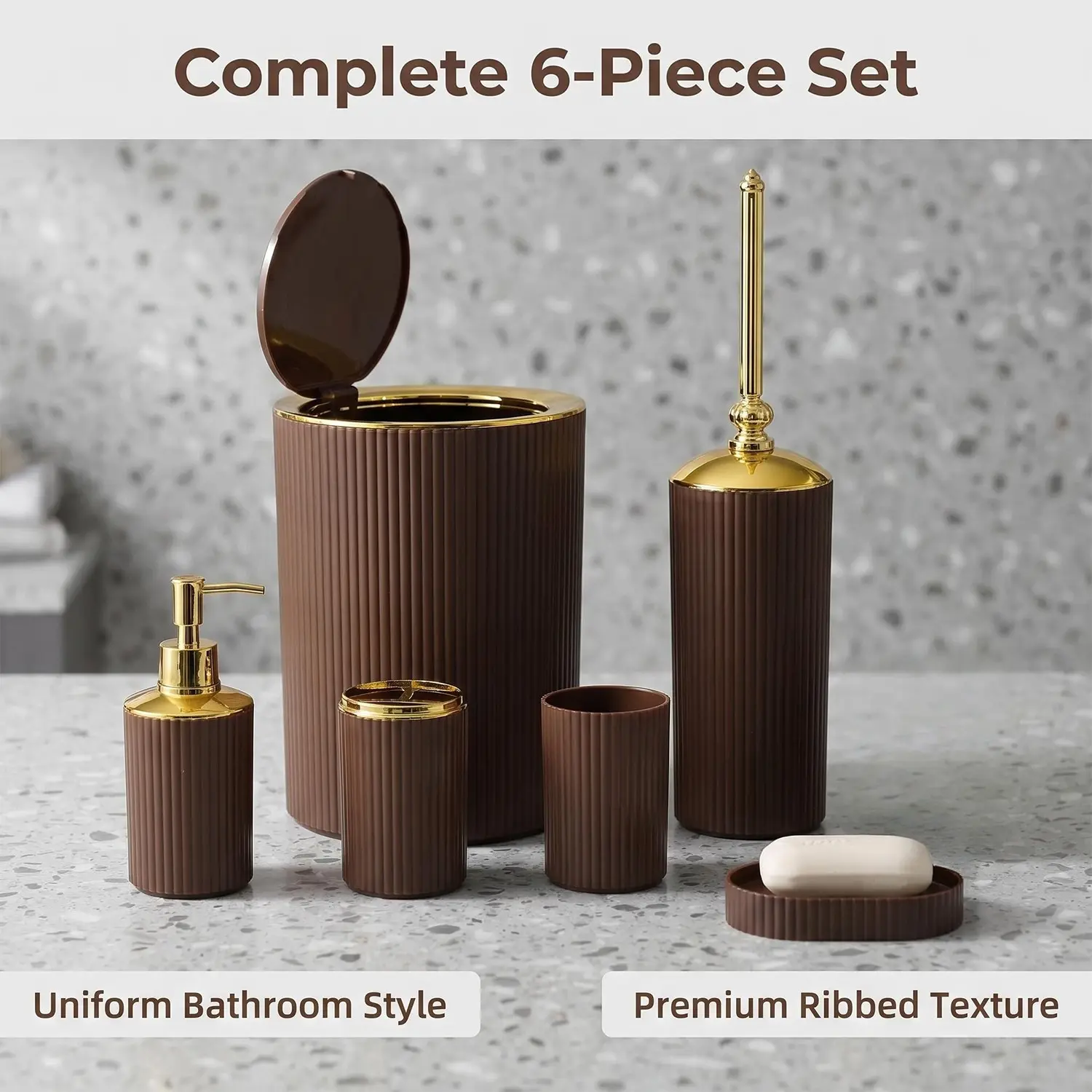 High Aesthetic Stripe Bathroom Six-Piece Set, Bath Vanity Storage Kit, Countertop Organizer, Elegant Design for Modern Homes, Bathroom Accessory Set