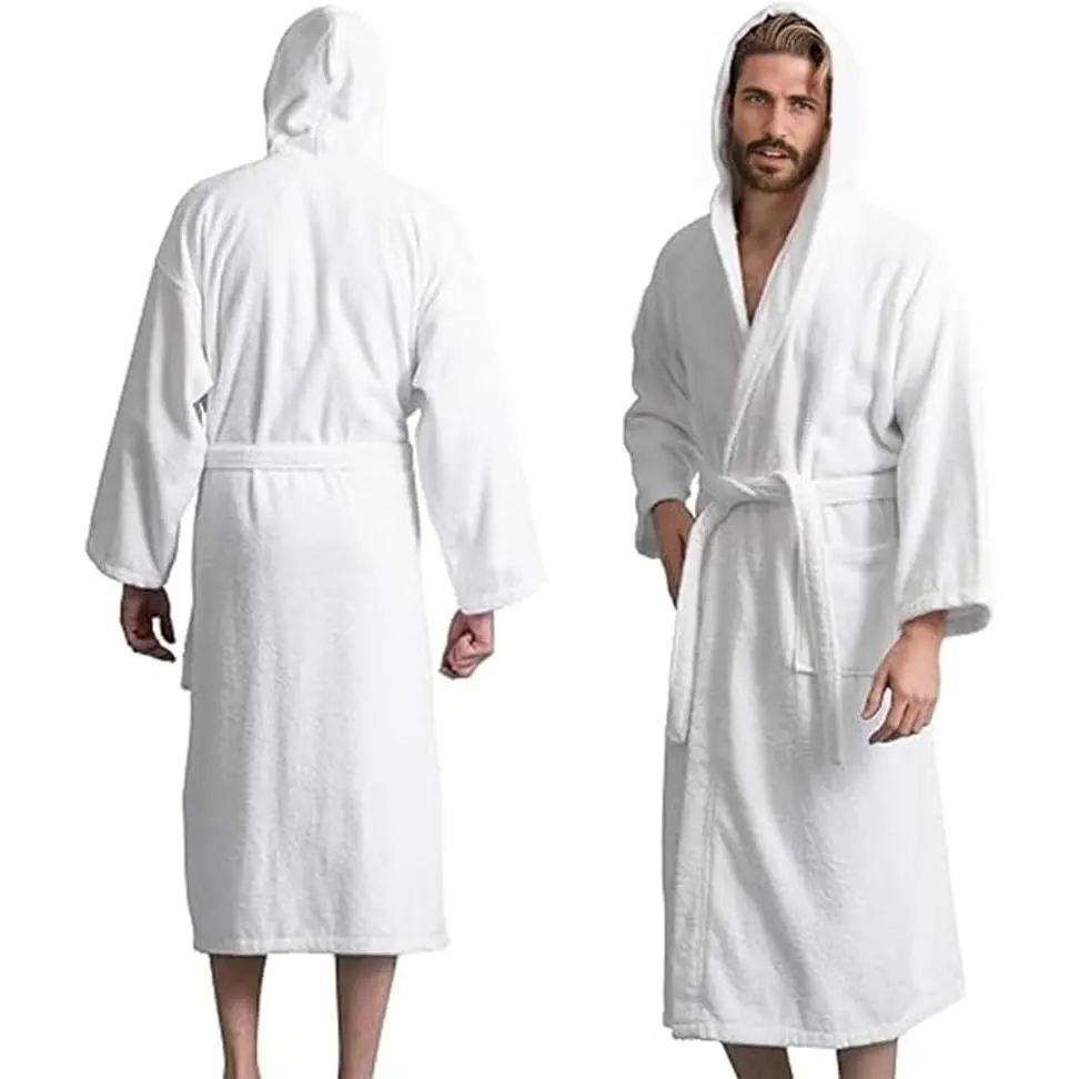 Men’s Hooded Bathrobe, 100% Cotton Terry Bathrobe, Spa Style Bath Robe, Absorbent Shower Robe, Lightweight Towel Bathrobes