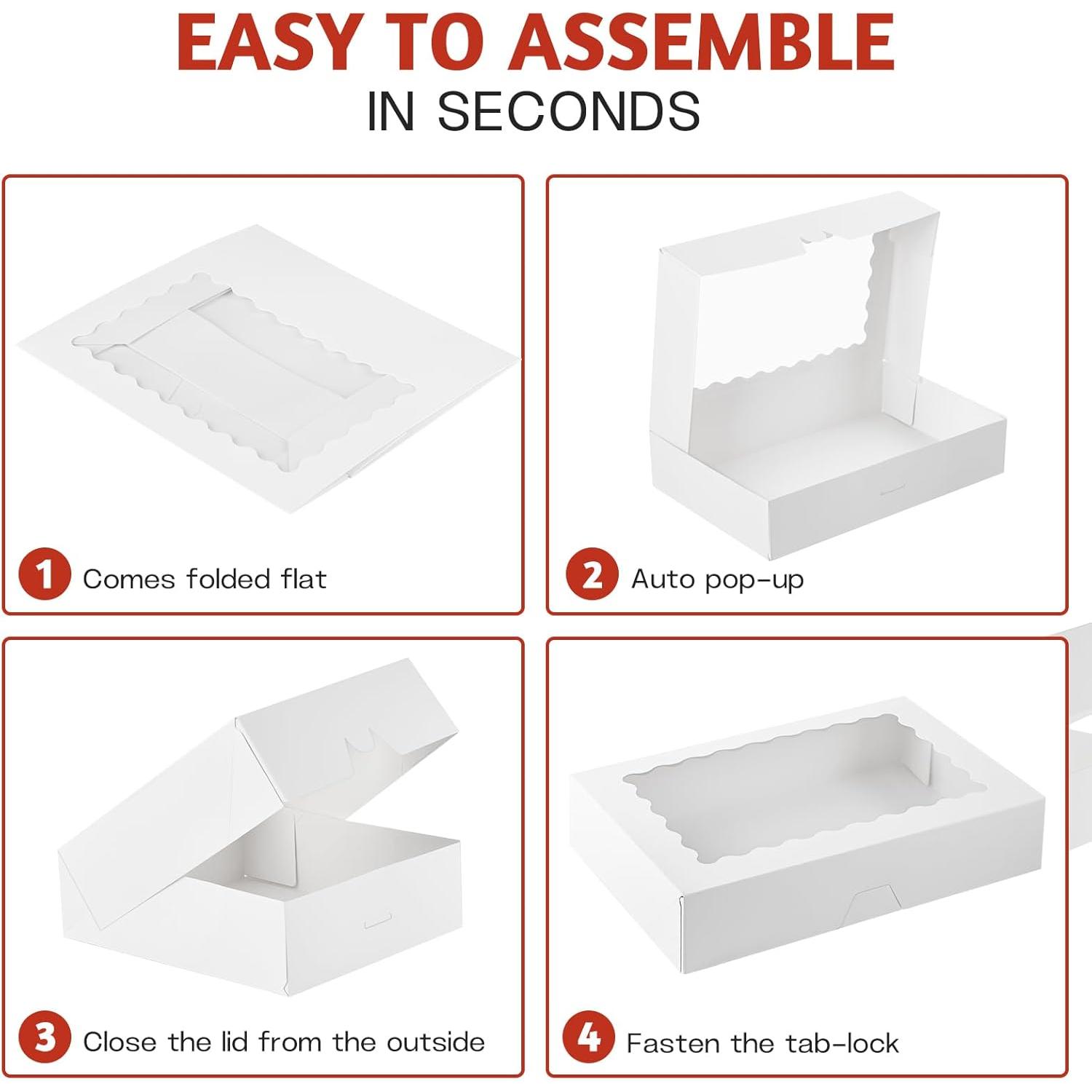 30 Pack Auto Pop-up Cookie Boxes with Window, 12" x 8" x 2.5" White Bakery Boxes  Boxes for  Covered Strawberries, Sugar Cookies, Cake Pops, Donuts, Cocoa Bombs, Pastries