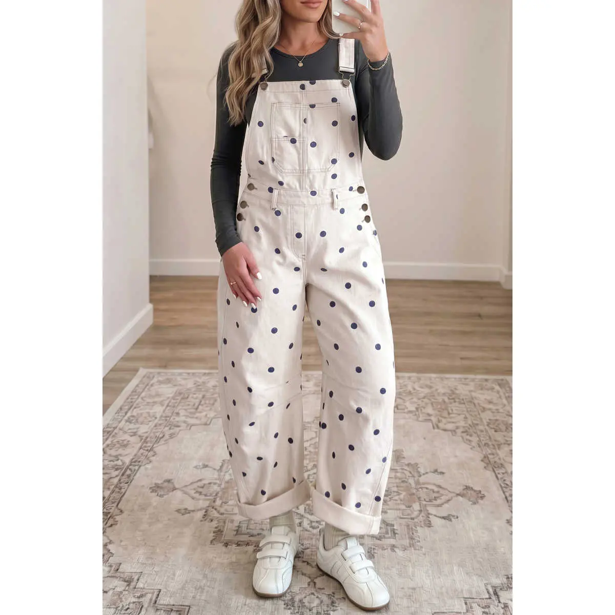 Jet Stream Polka Dot Print Bib Pocket Denim Barrel Overalls Jumpsuit