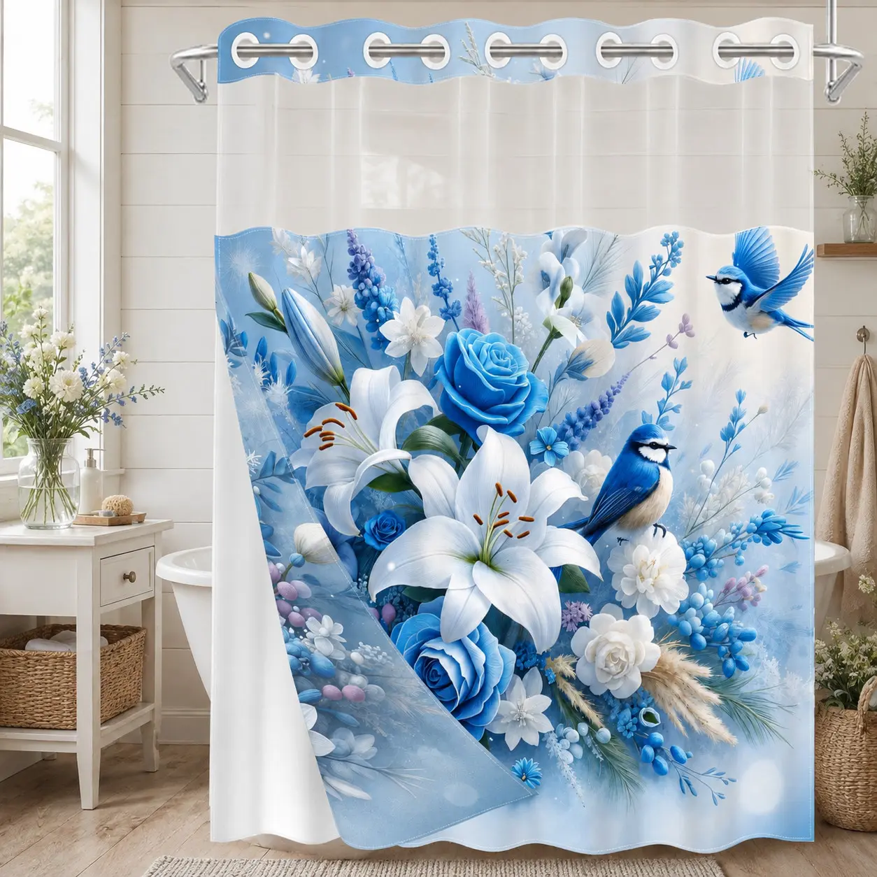 1pc 2D Flat Printing hookless shower curtain liner Blue and White Flowers with Birds Fabric waterproof lining, transparent window, double-layer shower curtain, Printed shower curtain, 71 x 74 inches, modern home decor