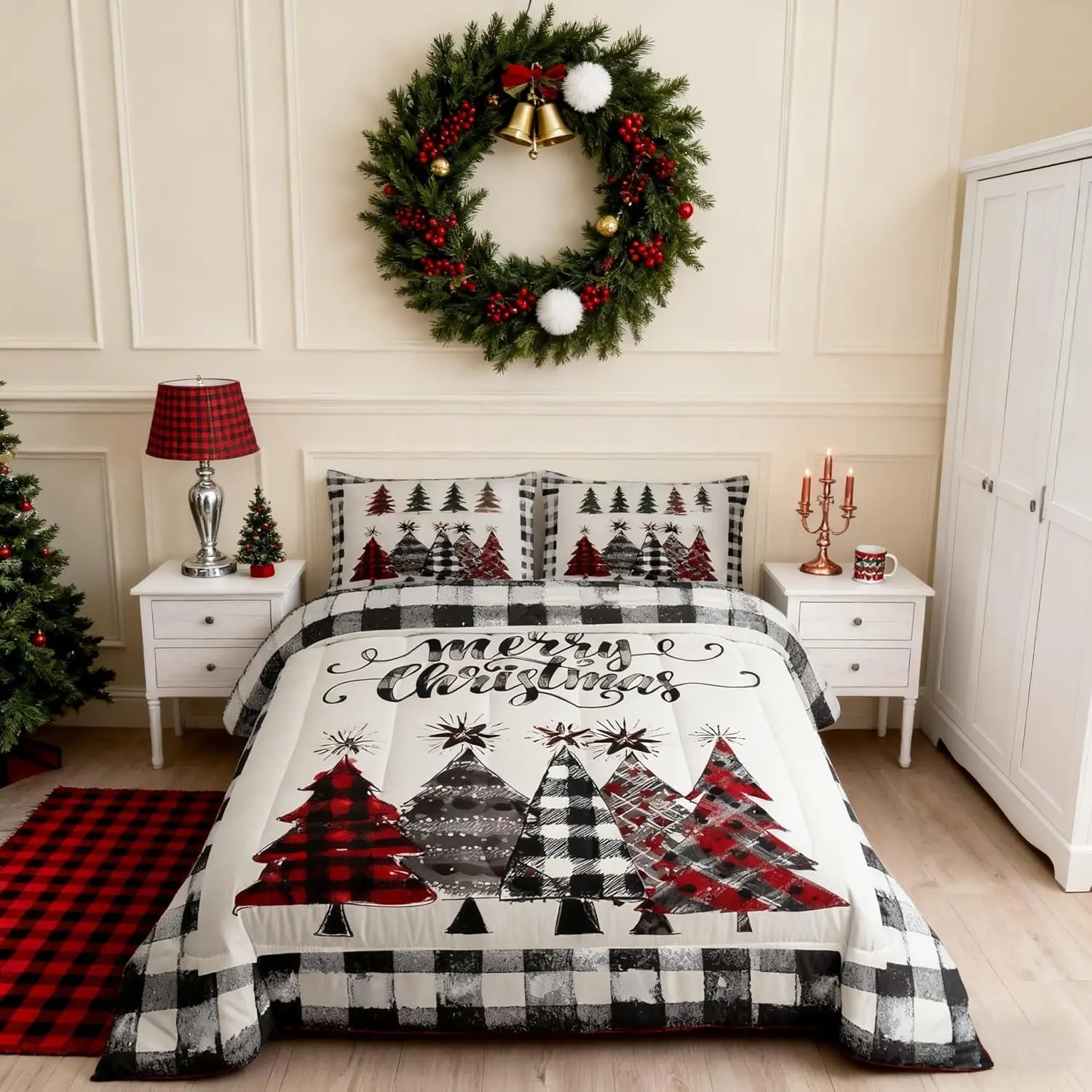 Christmas Tree Kids Bedding Set, Geometric Grid Ink Tie-Dye, Rural Vintage Down Comforter, 2 Pillowcases, Bedroom Decor, Bed Sets Supplies