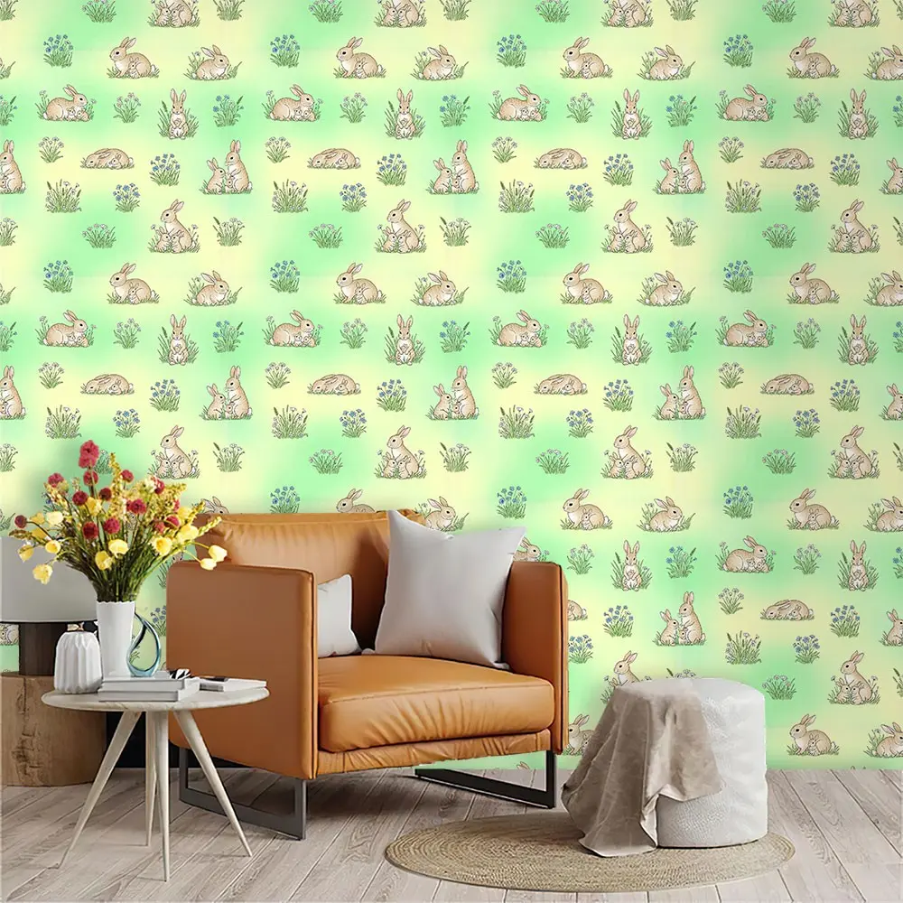 Hand-Painted Watercolor Rabbit and Flowers Wallpaper, Gradient Mint, PVC, Peel-And-Stick, Living Room, Kitchen, Bedroom Decor