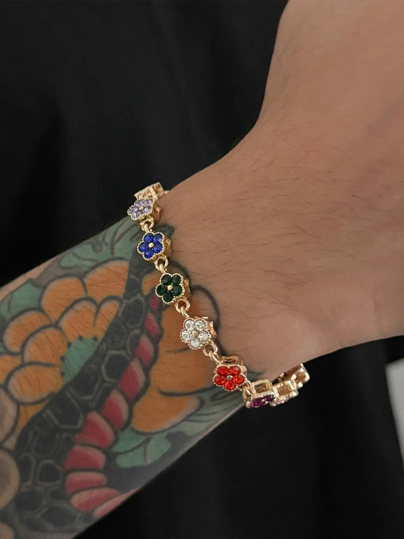 1pc Men's Fashion Rhinestone Five-Petal Flower Bracelet, Hip-Hop Luxury Floral Men's Bracelet, Perfect for Daily Wear and Parties