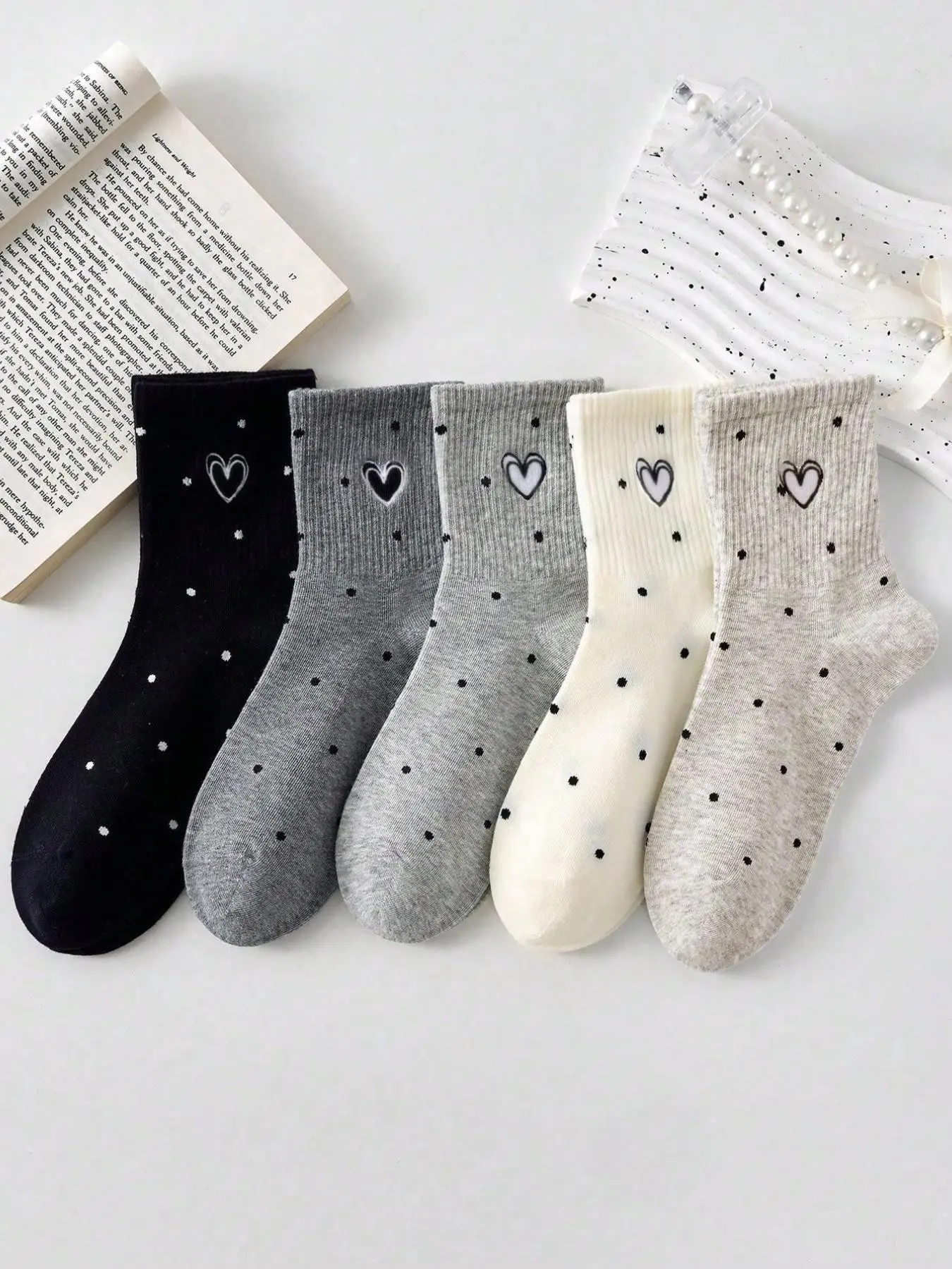 5 Pairs Women's Socks, Cute Heart Polka Dot Ankle Socks, Casual Comfortable Mid-Calf Socks, Student School Uniform Socks