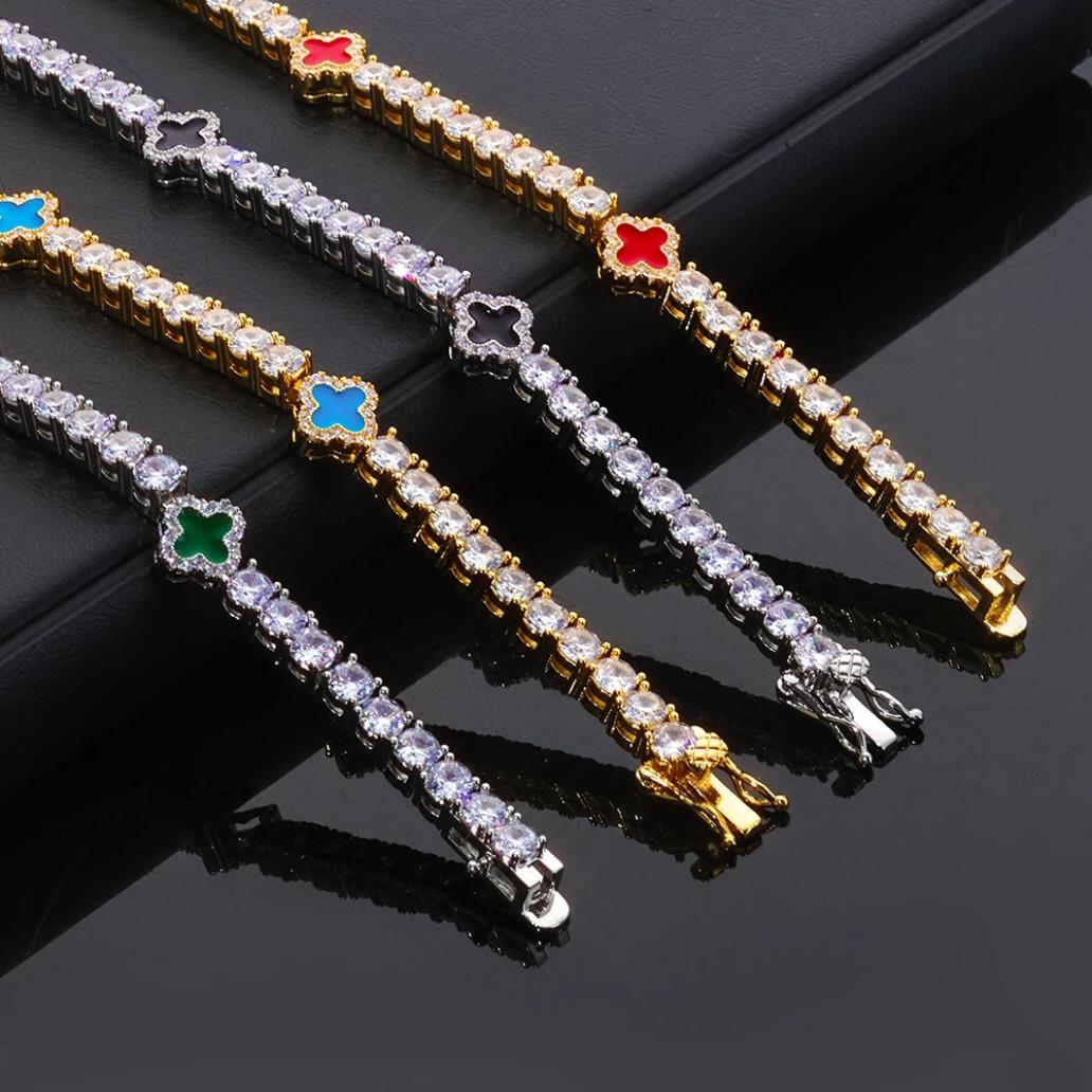Women White Gold Plated Tennis Bracelet Iced Out CZ Chain Red Green Blue Black Clover Charm Hip Hop Jewelry