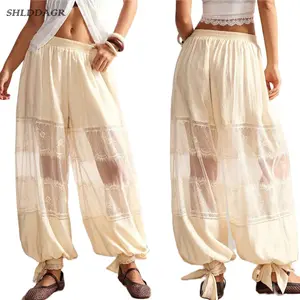 Women's Bohemian Style Y2k Lace-Trimmed Harem Pants - High-Waisted Elastic Waist, Sheer Mesh, Loose Fit, Ankle Tie-Up, Casual Beach Vacation Pants