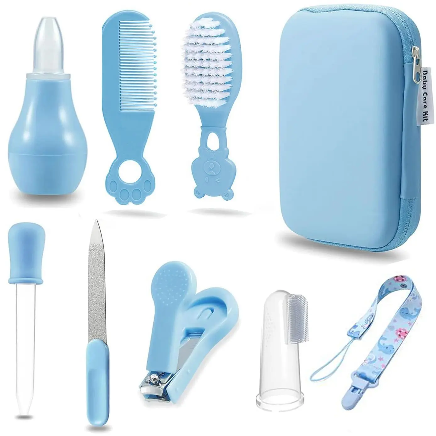 9pcs/set Baby Care Kit with Bag, Portable Travel Set with Bath Brush, Hair Comb, Nail Care Kit, Teeth Brush, Nasal Aspirator, Ideal Gift Newborn Babies Kit