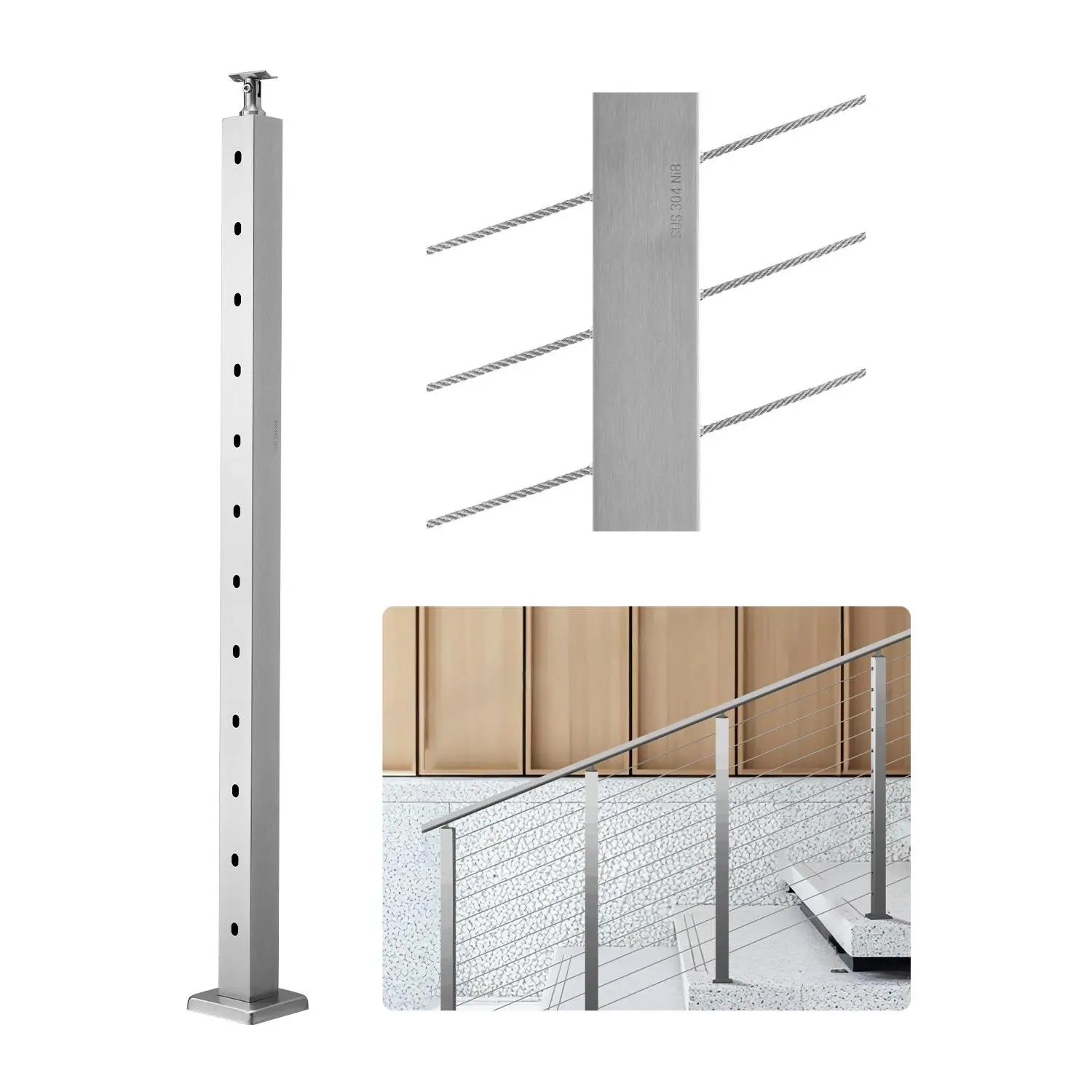 【DealsForYouDays】VEVOR Cable Railing Post, 42x2x2 Inch Stair Railing Post, with Pre-Drilled 30 Angled Holes, Stainless Steel Cable Rail Post with Horizontal and Curved Bracket, 1-Pack, Silver, 1JZLGZXYS1062TLWC001V0