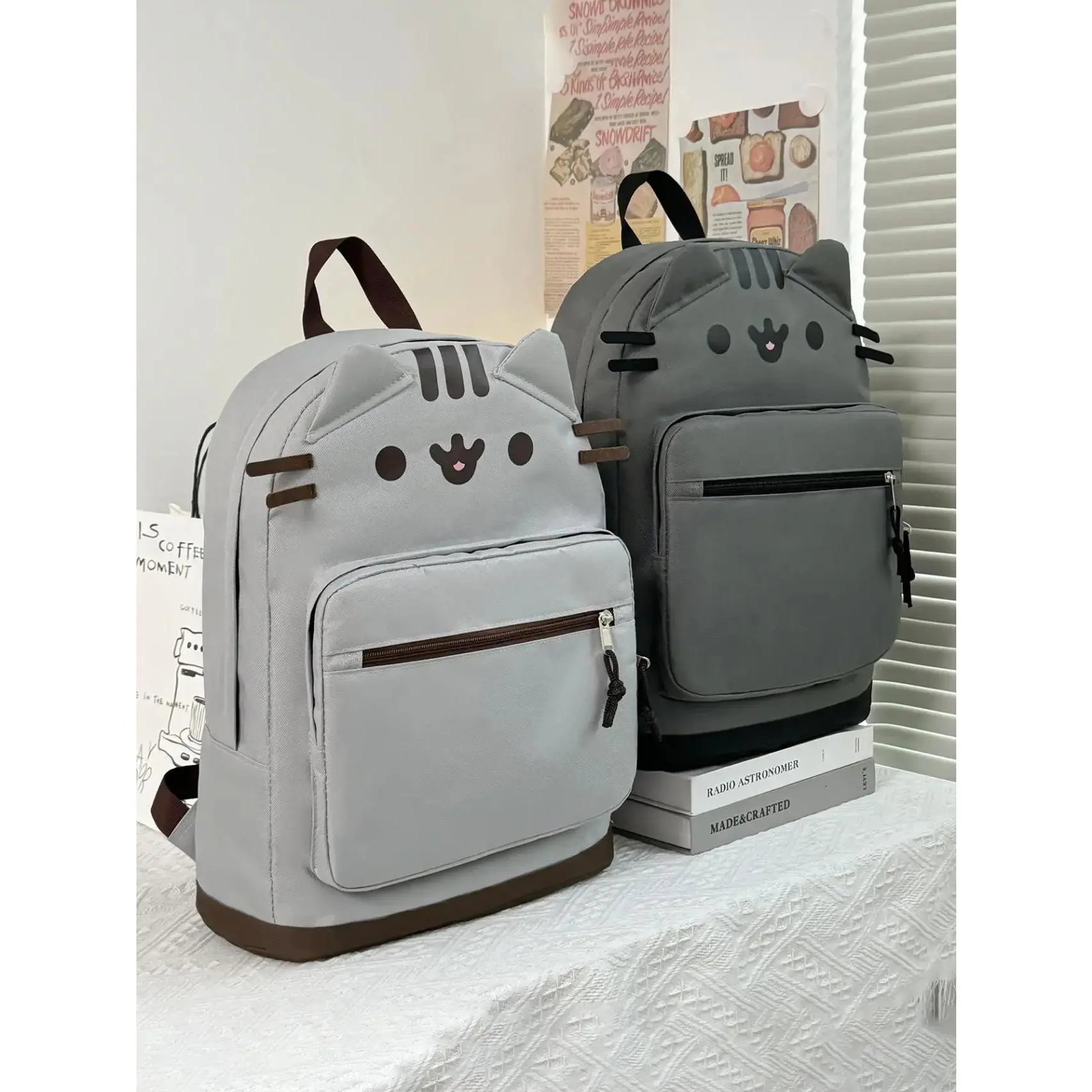 Viral Kawaii Pusheen Grey Cat Backpack with 3D Ears, Cute Cartoon Cat Face Lightweight School Bag for Teen Girls, Aesthetic Water Resistant Daily Backpack Back To School Gift.Halloween gift