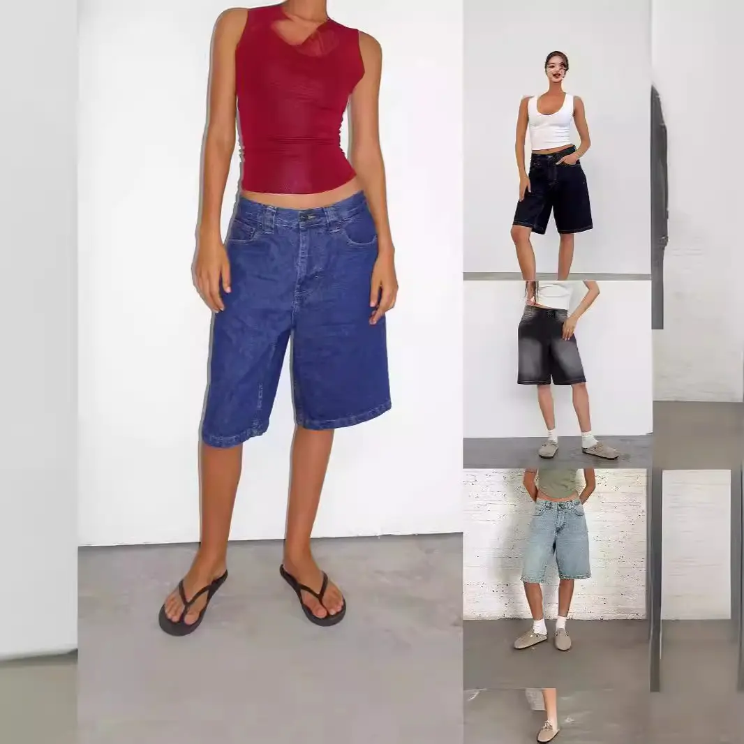 Women's Loose-Fit Non-Stretch Vintage Denim Capri Pants