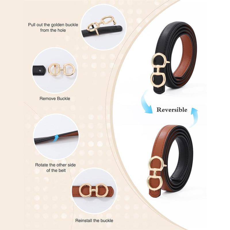 AWAYTR Reversible Women Fashion Thin Belt Two Sided and Two Colored Elegant PU Leather Tight Waist Belt with Gold Buckle Vintage Two-in-One Jeans Dress Long Coats Belts Lady Accessories